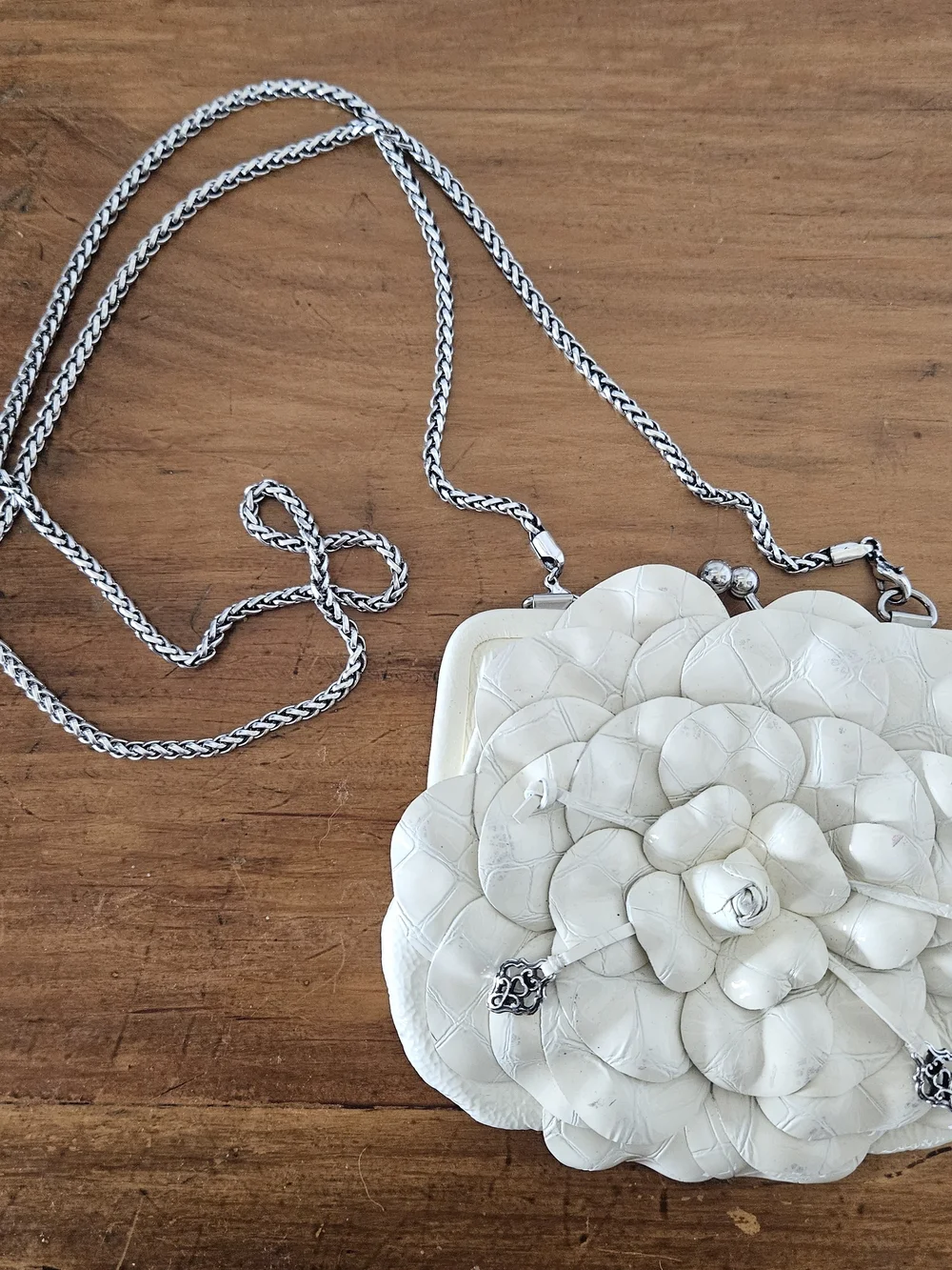 Brighton Cream Floral Leather Wristlet with Silver Chain